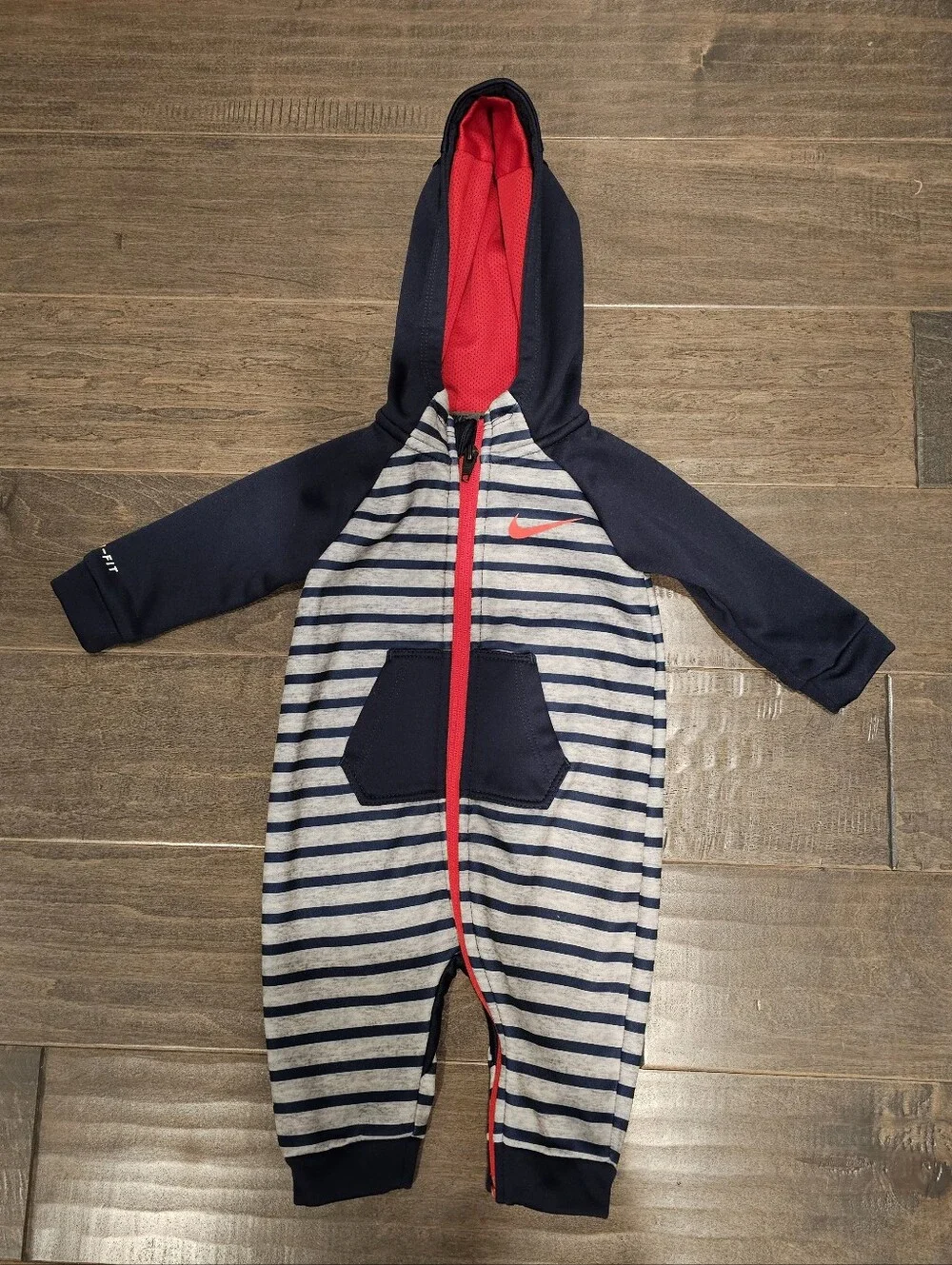 Nike Navy & Gray Striped Hooded One-Piece Romper Onesie with Red Zipper